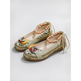 Women's Bohemian Floral Ballet Flats – Ethnic Inspired Canvas Shoes with Decorative Beaded Ankle Strap,  Lightweight Flexible Sole and Comfortable All-Day Wear