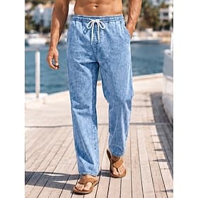 Homme Pantalon décontracté Pantalon d'été 100% Coton Pantalons en denim Cordon de serrage Taille Élastique Jambe Droite Uni Confort Respirant Longueur complète thumbnail 3