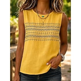 Women's Camisole Tank Top Graphic Geometric Tribal Elegant Bohemia Vintage Sleeveless Crew Neck Regular Tops Long Tops Casual White Yellow Pink Summer Spring