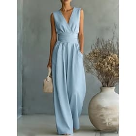 Femmes Combinaison Vacances Longueur complète Taille haute Avec Poches Superposé Confortable Non Elastique Occasionnel Vacances Noir Blanche Jaune Vin Été Prin