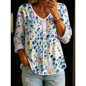 Women's Blouse Buttons Print Floral Graphic Elegant Vacation Stylish Long Sleeve V Neck Regular Tops Casual Daily Blue Pink Summer Spring