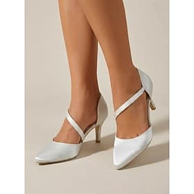Zapatos de tacón alto de satén blanco para mujer: elegantes zapatos de salón d'Orsay con punta afilada y tira cruzada para cócteles.  boda