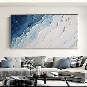 Peinture à l'huile minimaliste 3D peinte à la main, représentant un océan bleu, sur toile. Paysage mural abstrait avec vagues blanches et textures, idéal pour