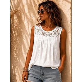 Women's Eyelet Top Boho Shirt Lace Shirt Casual Shirt Lace Patchwork Elegant Bohemia Daily Sleeveless Crop Tops Casual White Summer Spring