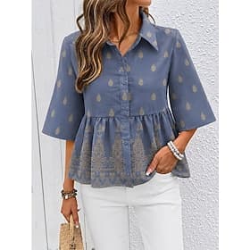 Tunique brodée pour femme, chemise bohème, style bohème, vacances, vintage, manches 3/4, col, haut long, décontracté, quotidien, extérieur, Wedgwood, été, prin