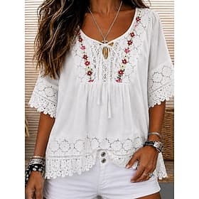 Femmes Chemise en Dentelle Haut d'épissage en dentelle Jacquard Dentelle Élégant Bohème Actif Manche 3/4 Col en V Hauts Longs Occasionnel Blanche Rose Claire V