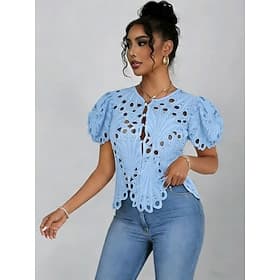 Femmes Hauts en dentelle Dentelle illusion Couleur Unie Élégant Manche Courte Col ras du cou Hauts Réguliers Occasionnel Chemise bleue à manches courtes chemis