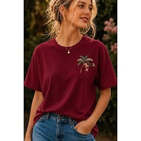 Women's 100% Cotton Embroidered Plants T Shirt Summer Tops Elegant Vintage Tropical Short Sleeve Crew Neck Round Neck Regular Tops Casual Daily Beach Blue Whit