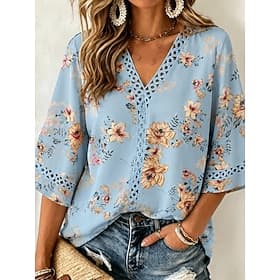 Women's T Shirt Eyelet Floral Graphic Fashion Stylish Classic 3/4 Length Sleeve V Neck Regular Tops Casual Daily Blue White Black Pink Summer Spring