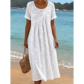 Femmes Robe Midi Robe Décontractée Robe en dentelle blanche avec manches Robe trapèze Occasionnel Plage Coupe Ample Couleur Unie Manche Courte Col ras du cou B