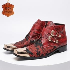 Men's Fashion Wedding Leather Italian Full-Grain Cowhide Comfortable Slip Resistant Buckle Dark Red Spring Fall All Seasons