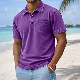 Homme Polo Chemise 100% coton délavée à l'acide Occasionnel Fête Revers Manche Courte Mode Basique Uni Vintage Affligé Printemps  Été Bleu Vert foncé Marron fo