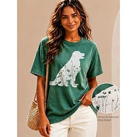 Femmes 100% Coton T-shirt Hauts effet délavé vintage Imprimé Graphique Animal ancien Mode Élégant Manche Courte Col ras du cou Hauts Réguliers Occasionnel Quot thumbnail 2