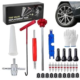 30PCS Car Tire Valve Quick Change Tool Kit, Tire Leaky Valve Core Quick Replacement Set Includes TR413, 4-Way Tool Caps, Auto Tire Stem Installer Remover Set,