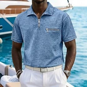Men's Acid Wash Shirt Golf Shirt Casual Work Pullover Lapel Short Sleeve Fashion Basic Solid Color Zipper Buttons Summer Spring Spring   Fall Regular Fit Blue