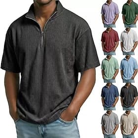 Men's Corduroy Shirt Polo Shirts Casual Daily Quarter Zip Short Sleeve Fashion Basic Plain Lightweight Quarter Zip Summer Spring Regular Fit Black White Wine N