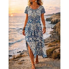 Women's Midi Dress A Line Dress Casual Beach Regular Fit Graphic Geometric Short Sleeve Crew Neck Blue Black Summer Spring