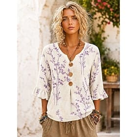 Femmes Chemise Patchwork Boutons Imprimé Fleuri Graphique ancien Élégant Manche Courte Manche 3/4 Col en V Hauts Réguliers Occasionnel Quotidien Fête Bleu Blan