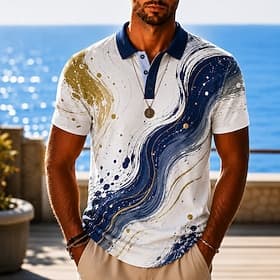Homme Marbre Polos Hawaïens Manche Courte Polos Chemises à Col Occasionnel Resort Athleisure Impression 3D Boutons Maille Respirante Printemps  Été Bleu 1 Bleu