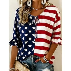 Amerikaanse onafhankelijkheidsdag Dames Blouse Knop Afdrukken Grafisch Amerikaanse vlag Vintage Dagelijks Stijlvol Halve mouw Strakke ronde hals Normale tops C