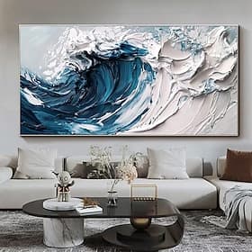 Mintura, peinture à l'huile texturée à la main sur toile, représentant des vagues blanches. Décoration murale moderne et abstraite, idéale pour la maison ou l'