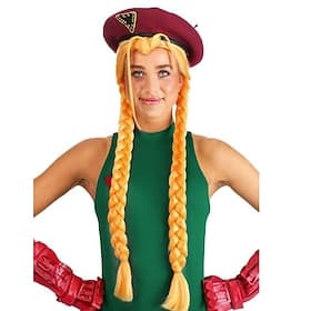Perruque cosplay longue blonde à double tresse pour personnage de jeu de combat