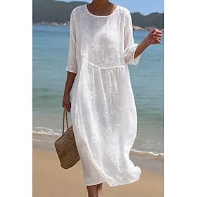 Per donna Abito Midi Abito in Pizzo Abito Bianco Abito Estivo Elegante Moda Spiaggia Vacanza Ferie Vestibilità comoda Floreale Mezza Manica Girocollo Bianco Es thumbnail 2