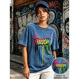 Femmes 100% Coton T-shirt Hauts effet délavé vintage Imprimé Graphique Lettre ancien Mode Élégant Manche Courte Col ras du cou Hauts Réguliers Occasionnel Quot thumbnail 3