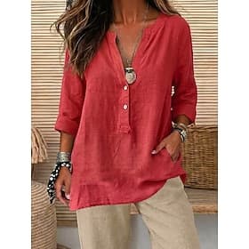 Femmes Chemise en lin Boutons Couleur Unie ancien manche longue Col en V Hauts Longs Occasionnel Rose Claire Safran des Indes Noir Olive verte Rouge Printemps