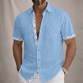 Men Linen Shirt Summer Shirt Casual Shirt Button Up Shirt Color Block Casual Beach Blue White Green Khaki Short Sleeve Turndown Spring  Summer Summer Clothing