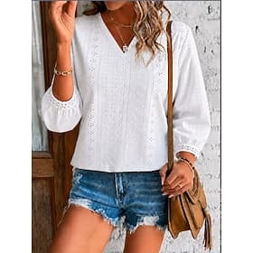 Femmes Chemise Haut à œillets Chemise Bohème Chemise en Dentelle Jacquard Texture Dentelle Couleur Unie Élégant Bohème Vacances Col en V Hauts Réguliers Occasi