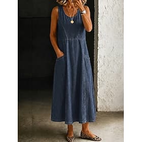 Women's Midi Dress Casual Dress Elegant Vintage Fashion Daily Outdoor Regular Fit Plain Sleeveless U Neck Blue Navy Blue Spring