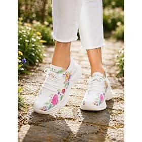 Women's Rose Pink Knit Floral Sneakers – Lightweight Breathable Running Shoes for Casual Wear, Walking, Travel and Outdoor Activities