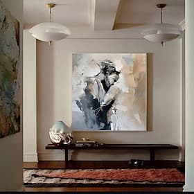 Peinture à l'huile sur toile, réalisée à la main, représentant un couple abstrait en noir et blanc, idéale pour la décoration murale. Toile roulée, sans cadre