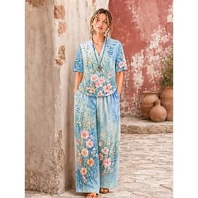 Femmes Chemise Ensembles en coton et lin Ensembles de Pantalons Manche Courte Col en V Fleuri Graphique Géométrique Imprimé Vacances Mode Streetwear Occasionne thumbnail 4