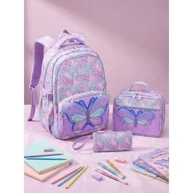 Student School Backpack, Multi Colors, Various Patterns, Large Capacity, Waterproof Polyester, Bookbag Lunch Box Pencil Case 3Pcs Set, Reflective Strips, Lugga