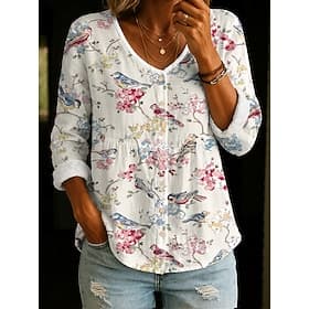Women's Blouse Buttons Print Floral Graphic Elegant Vacation Stylish Long Sleeve V Neck Regular Tops Casual Daily Blue Pink Summer Spring thumbnail 2