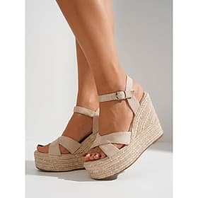 Women's Beach Vacation Beach Vacation Wedge Round Toe Vacation Faux Suede Ankle Strap White Almond Black