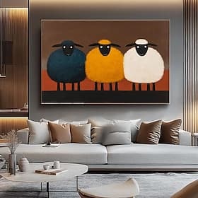 Peinture à l'huile artisanale sur toile représentant un troupeau de moutons, paysage minimaliste, art mural moderne, décoration de ferme, cadeau