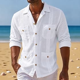 Men Shirt Linen Shirt Beach Wear Button Up Shirt Plain Casual Daily Blue White Light Green Army Green Long Sleeve Turndown Spring  Summer Summer Clothing Appar