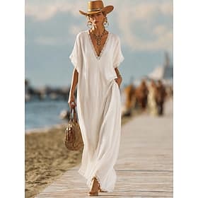 Women's Maxi Dress Sundress Casual Dress Cotton Linen Dress Elegant Bohemia Vacation Home Work Beach Loose Fit Plain Short Sleeve V Neck Black White Yellow Win