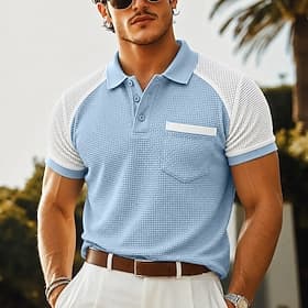 Homme Polo en seersucker Ice Silk Texturé Occasionnel Vacances Col Rabattu Manche Courte Mode Basique Patchwork Poids Léger Boutons Printemps  Été Bleu Noir Ve thumbnail 2