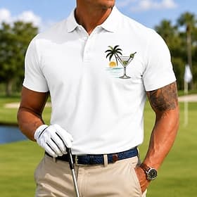 Men's Golf Sports Polo Shirts Short Sleeve Polo Shirts Collared Shirts Casual Athleisure 3D Print Buttons Breathable Mesh Spring  Summer Blue Lake blue White