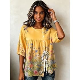 Women's Blouse Drawstring Floral Graphic Elegant Vacation Vintage 3/4 Length Sleeve Crew Neck Regular Tops Casual Blue Yellow Purple Summer Spring