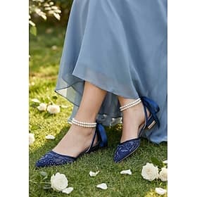 Women's Navy Blue Wedding Flats - Pearl Ankle Strap Mesh Bridesmaid Shoes with Bow for Garden Wedding Guest