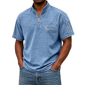 Homme Polo Chemise délavée à l'acide Occasionnel Travail Zip quart Col Polo Côtelé Manche Courte Mode Basique Couleur Unie Fermeture éclair Avec Poches Été Pri