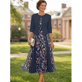 Two Piece A-Line Tea Length Wedding Guest Dress Mother of the Bride Dress Short Sleeve 3/4 Length Sleeve V Neck Elegant Simple Luxurious Formal Wedding Guest L