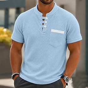 Homme Chemises Polo Gaufre Texturé Occasionnel Formel Col à bandes Manche Courte Mode Uni Texturé Boutons Pur Printemps  Été Bleu bleu marine Vert Gris Chemise