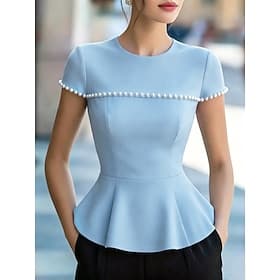 Women's Summer Shirt Peplum Beaded Elegant Short Sleeve Regular Tops Casual Black White Pink Sky Blue Summer Spring