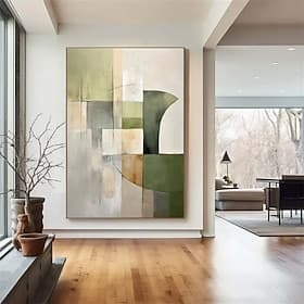 Peinture minimaliste verte faite à la main, art mural beige, peinture abstraite verte, peinture abstraite verte sur toile, art abstrait beige, art géométrique
